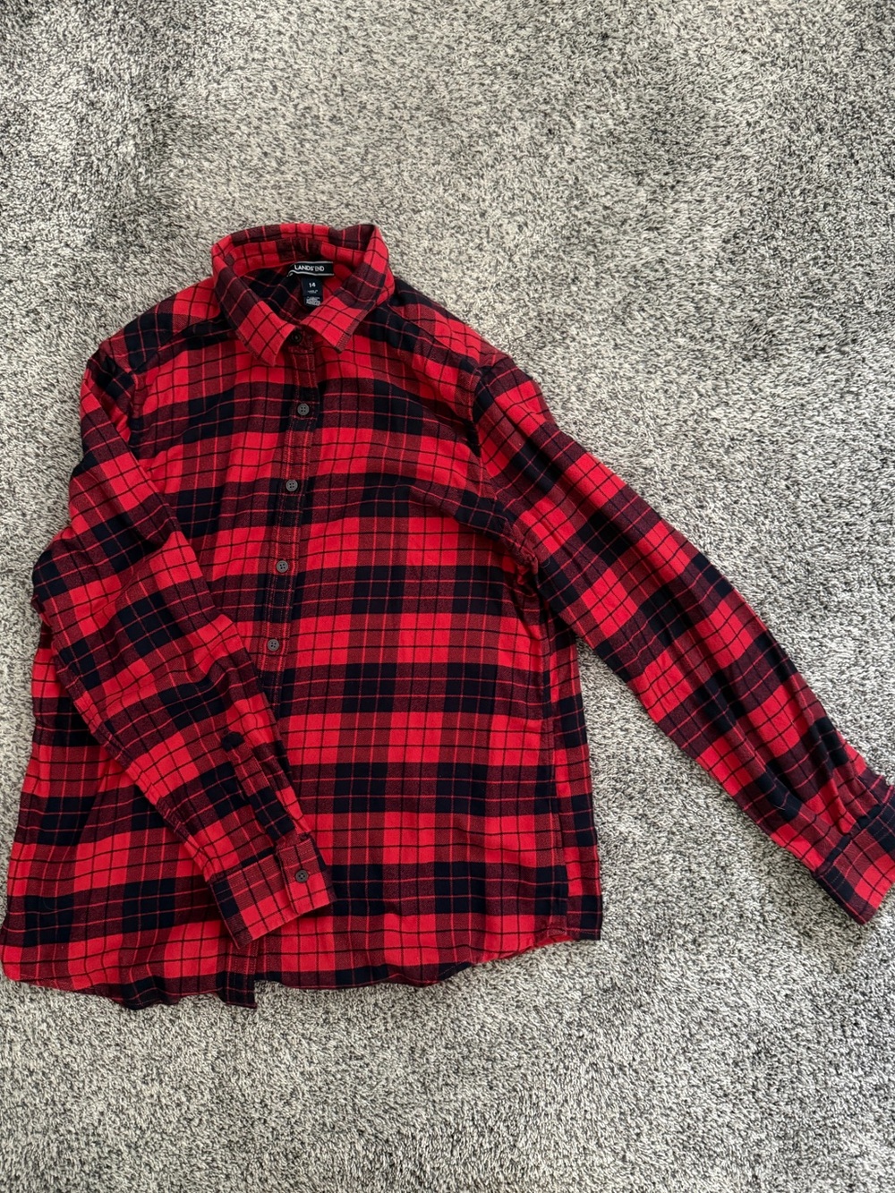 Lands' End Women's Red and Black Plaid Flannel Button-up Shirt size 14